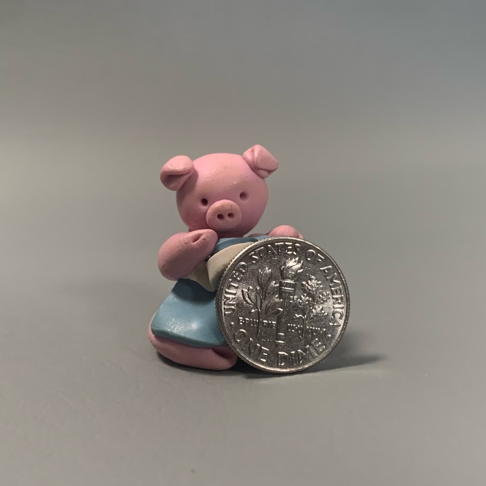 Artisan Miniature Polymer Clay Pink Pig Blue Heart Blanket Easter 1:12 Dollhouse